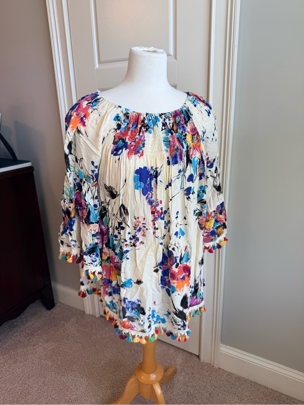 JODIFL Cream Floral Boho Tunic with Multicolor Tassels